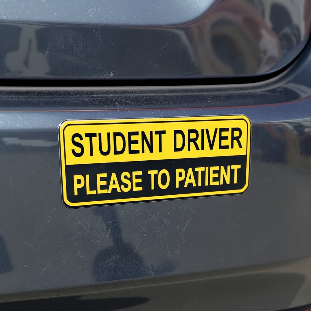 A bumper magnet on the rear of a calm, careful driver's car — patience made visible.